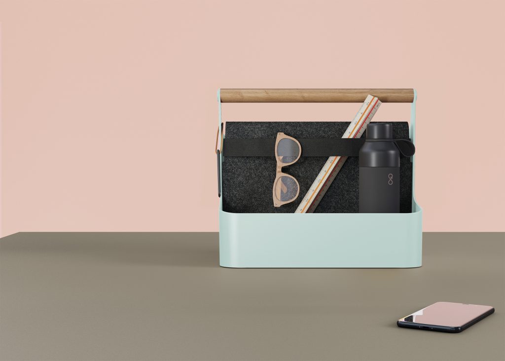 Blue YouMe Toolbox with wooden handle containing a water bottle, glasses and a ruler.