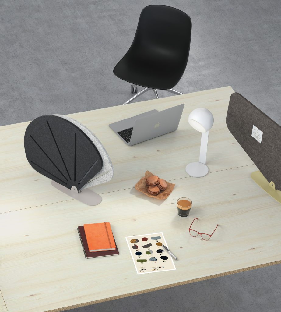 Desk with several elements including small acoustic screens made of PET felt.