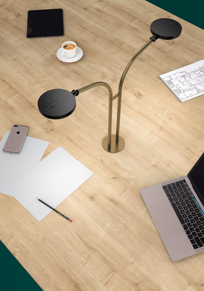 Top view. The image shows a worktop with several elements, including a double-headed lamp with a bronze-colored frame. It is fixed into the furniture.