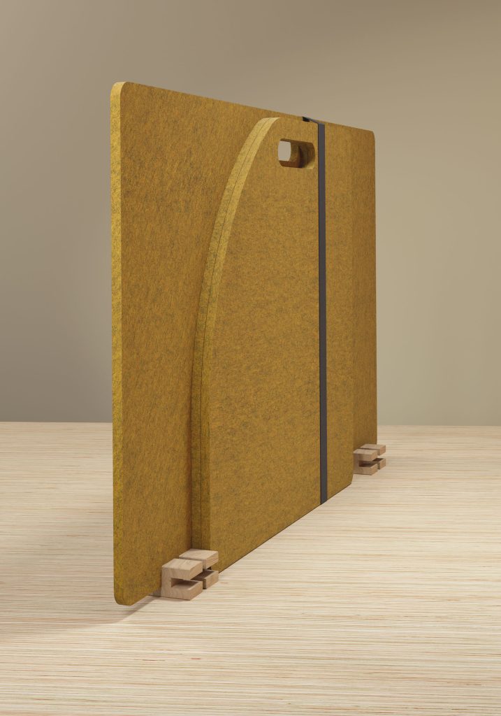 Yellow PET felt acoustic screen in closed position using a strap.