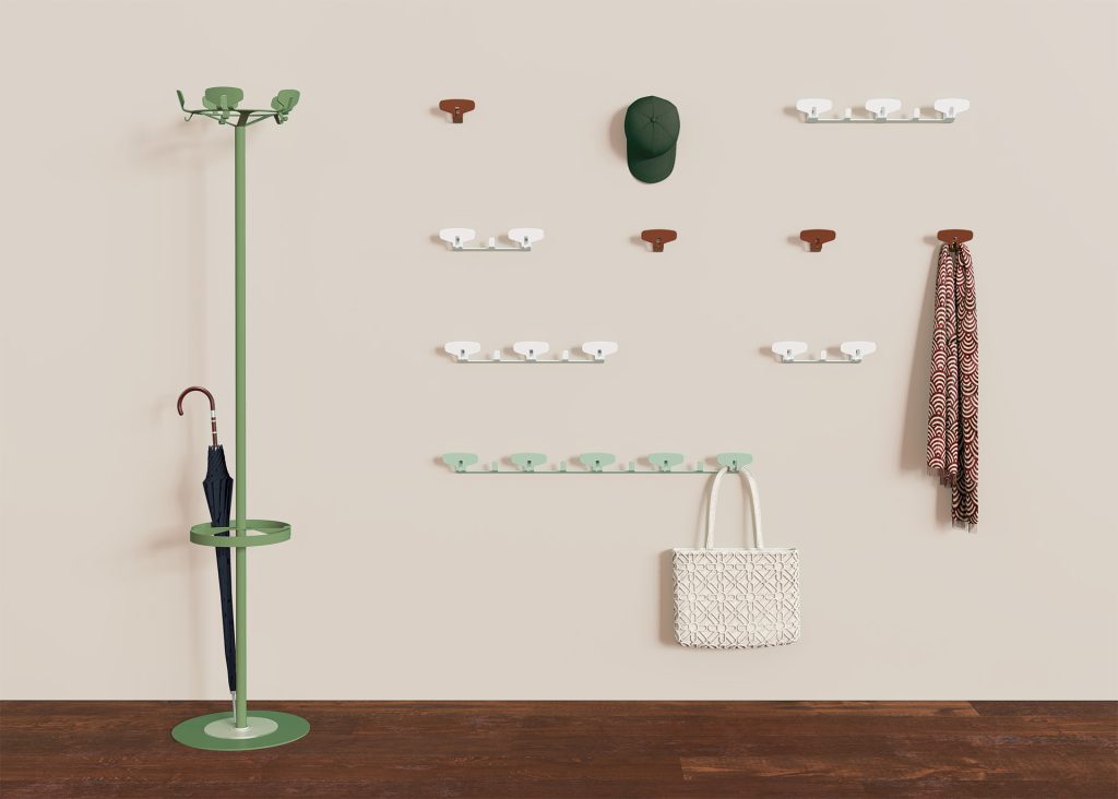 Image featuring a green coat rack with umbrella stand and a set of wall-mounted coat racks in various sizes and colors.
