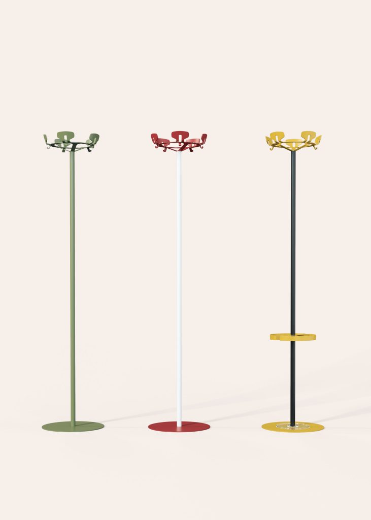 Cyclo image showing 3 coat racks in powder-coated steel in different colors.