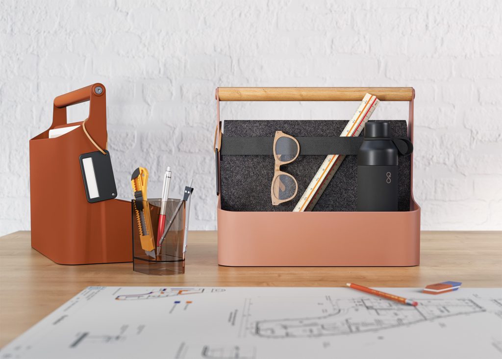 Image featuring a YouMe Toolbox. A terracotta toolbox seen from the side with a label. A pink toolbox with a wooden handle seen from the front and containing items.