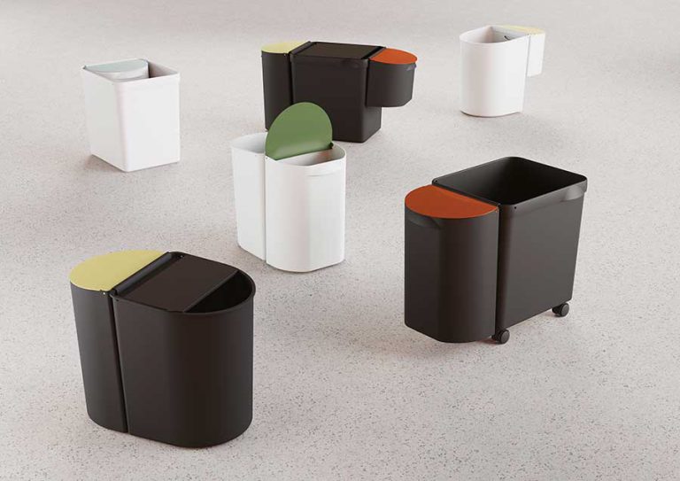 Tribu recycling bin family. The image shows the different sizes and colors.