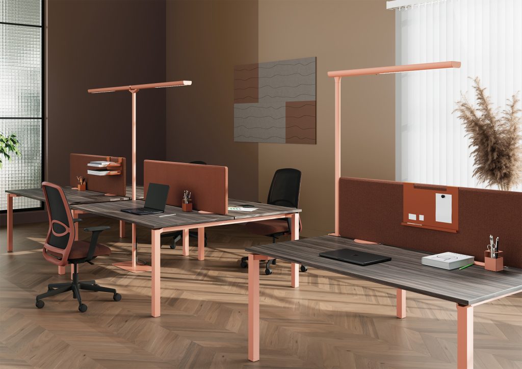 Room with two desks and two floor lamps, one double on a stand and one on a clamp. The floor lamps are pink and match the color of the desk legs.